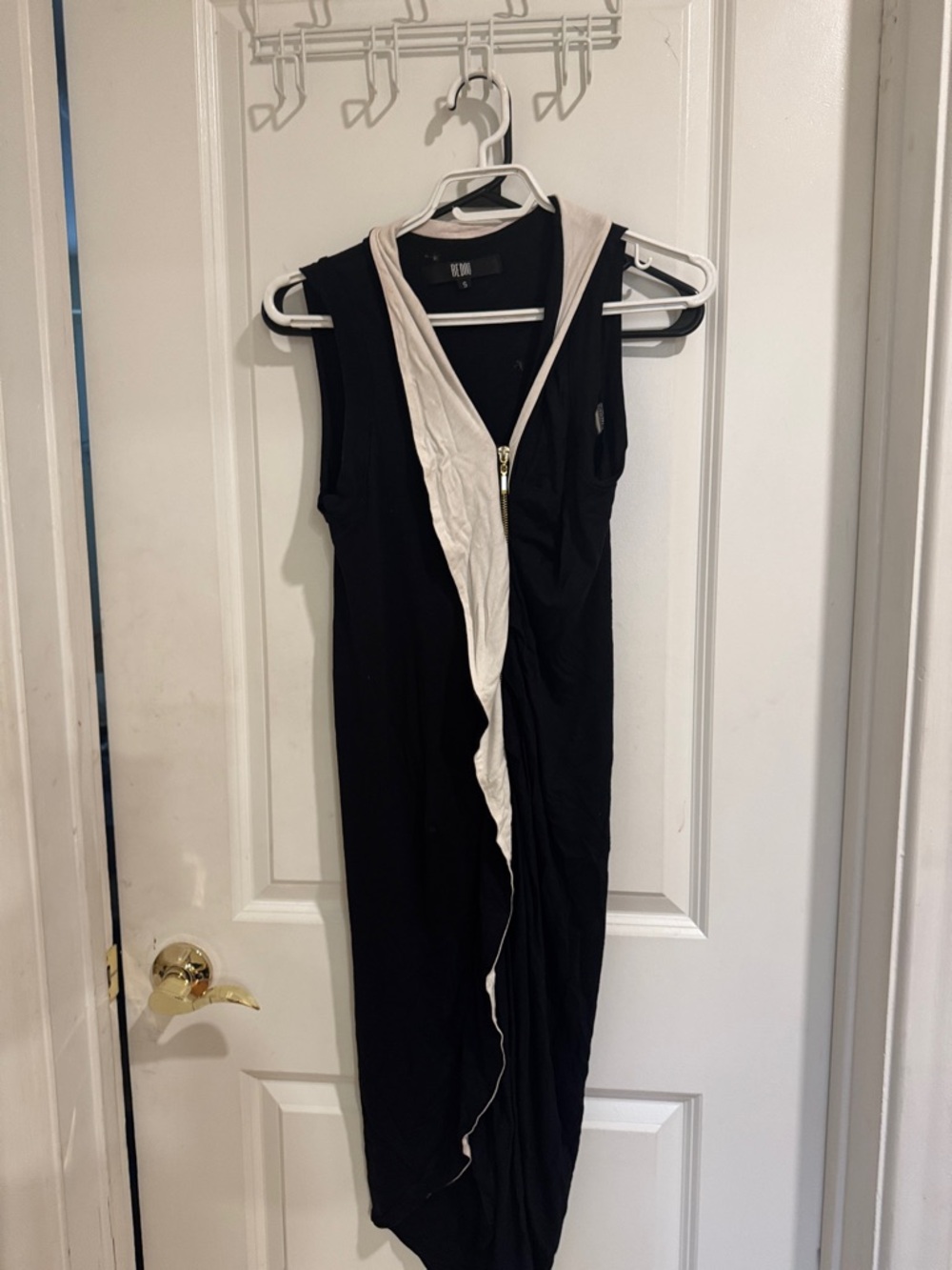 Black Midi Dress with Cream Draped Front Trim